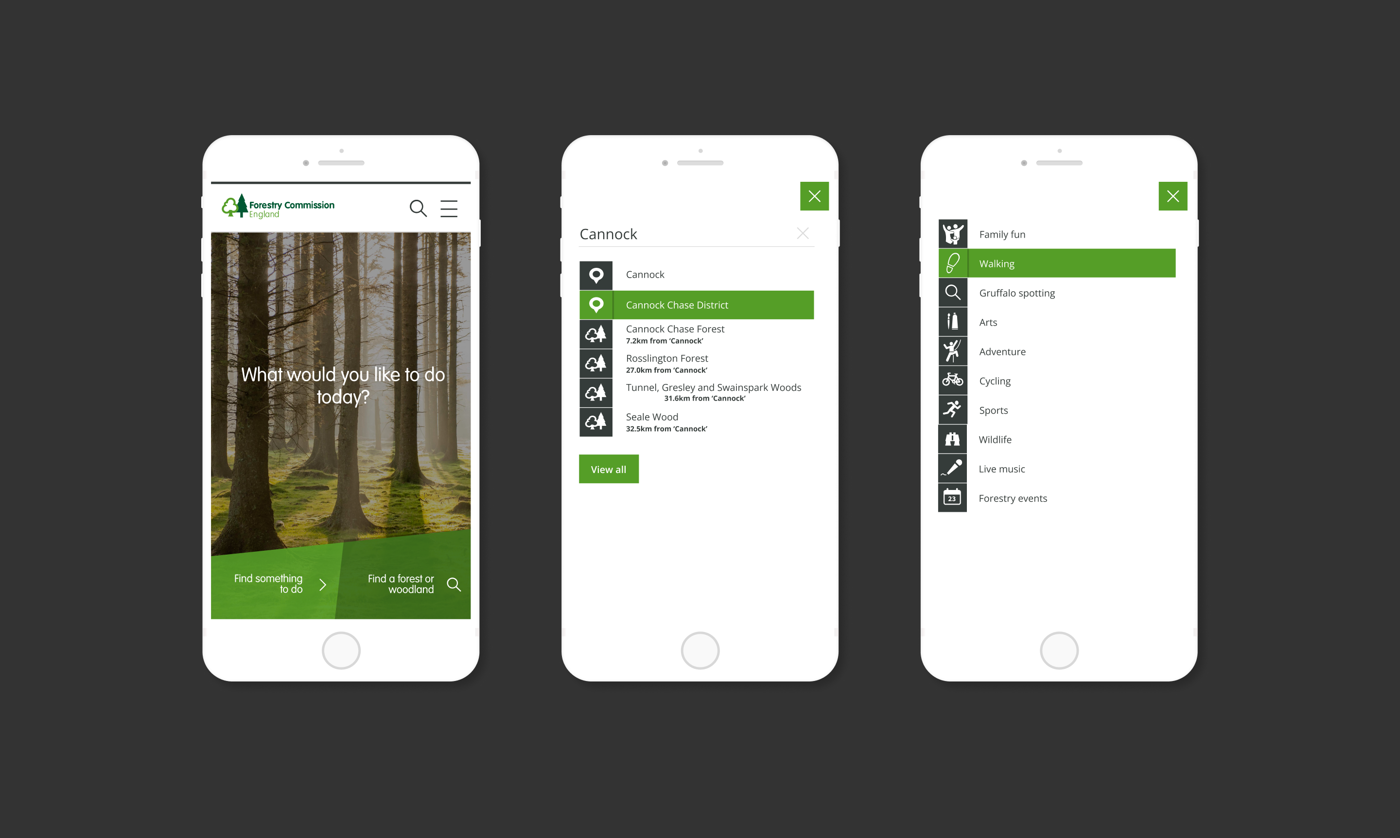 Three mobile screens showing the homepage search, forest search results, and activity picker menu