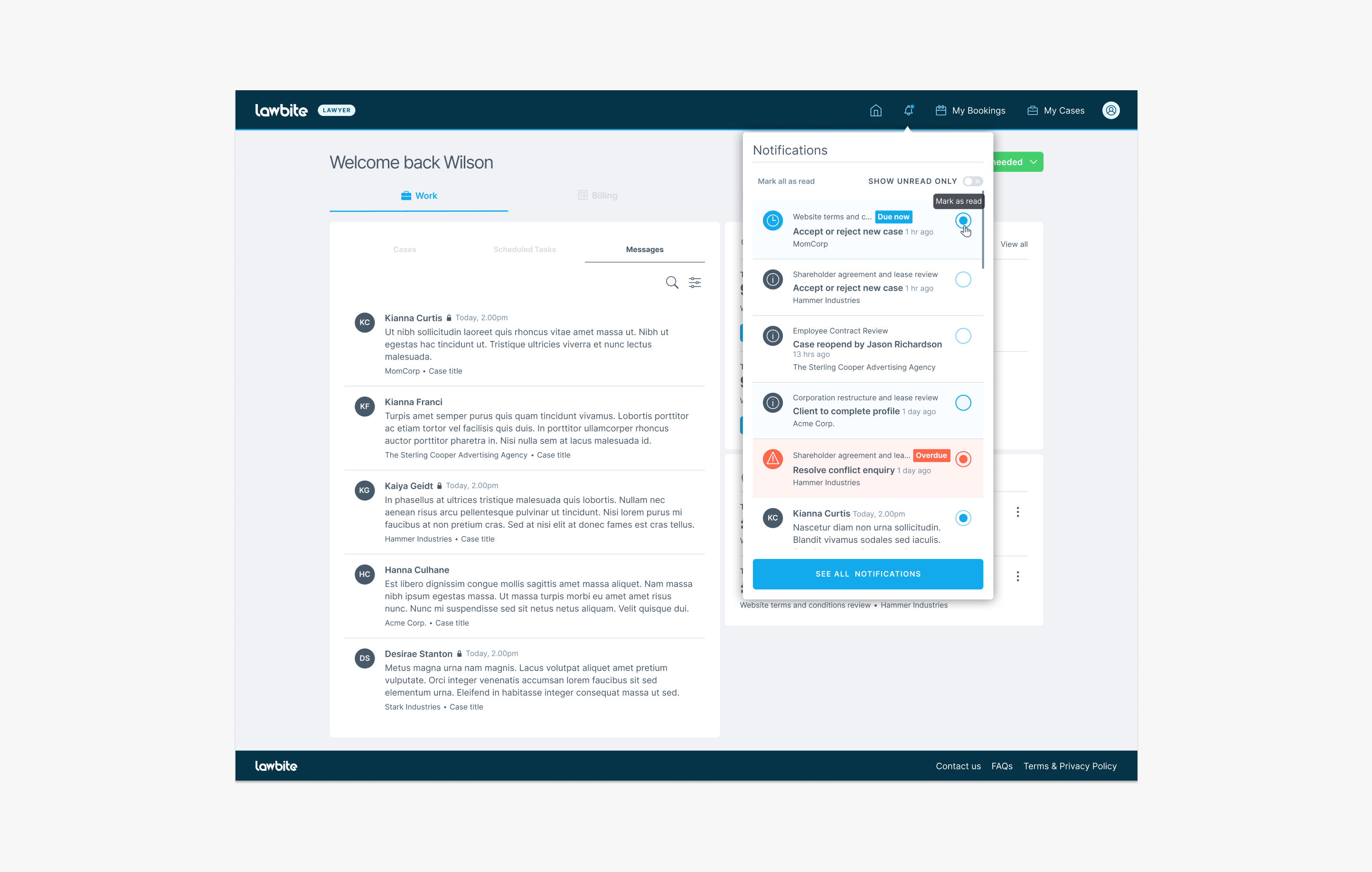 Lawyer dashboard notifications panel listing case updates, deadlines and overdue tasks